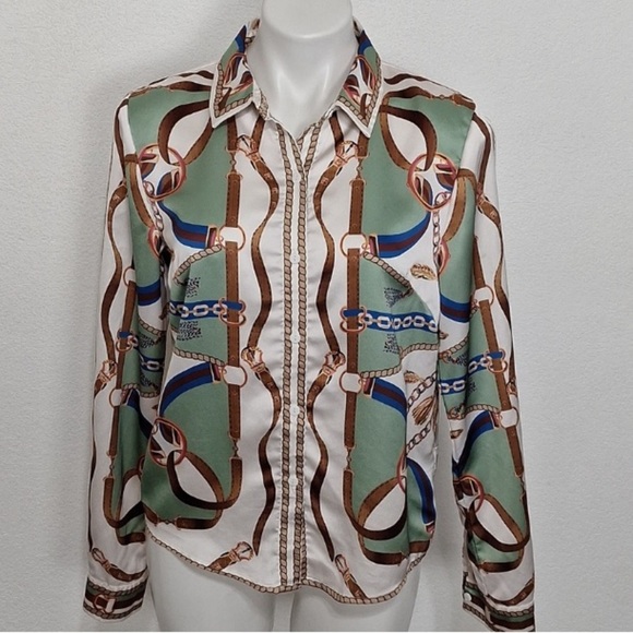 Her Bottari Sage Green Multicolor Western Chain Rope Button Down Blouse Size M - Picture 1 of 12